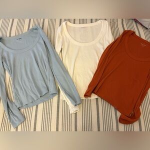 Set of 3 Scoop Neck Long Sleeve Tops - Light Blue, Cream, Rust
